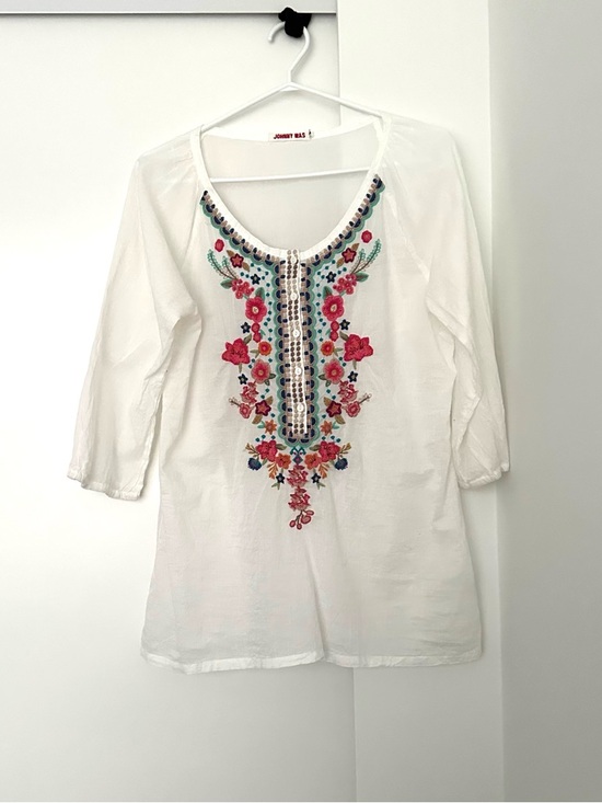 Johnny Was Tops - Johnny Was White Embroidered Floral Tunic with Multicolor Accents